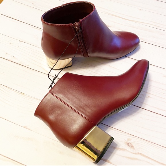 MARC New York Deep Red Booties Gold Block Heel 6 - Picture 2 of 8